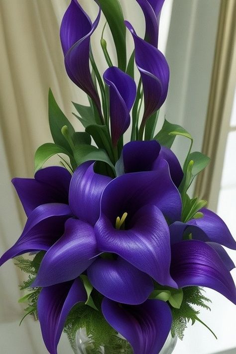 A fairy-tale-inspired arrangement of deep purple calla lilies. Purple Lilies, Purple Lily Flower, Lily Purple, Purple Calla Lily Wedding Bouquet, Dark Purple Calla Lily Bouquet, Purple Calla Lilies Wedding, Dark Purple Calla Lilies, Calla Lily Colors, Purple Centerpieces