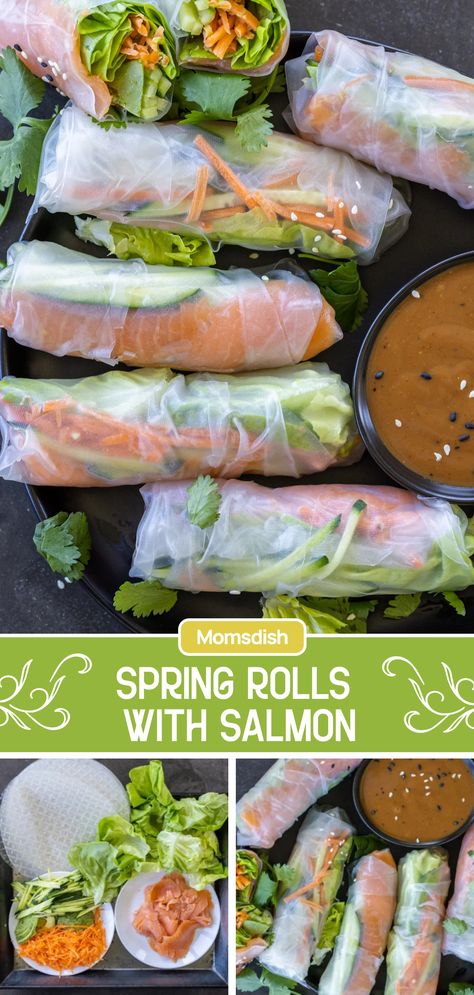 Rice Paper Rolls Fillings, Salmon Spring Rolls, Fresh Spring Rolls Recipe, Healthy Spring Rolls, Summer Rolls Recipe, Rice Paper Recipes, Rice Paper Wraps, Salmon Wrap, Vietnamese Spring Rolls