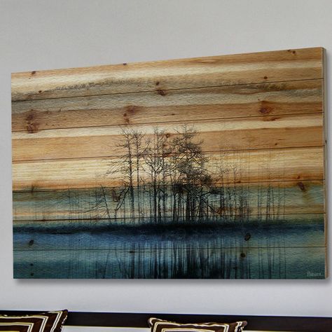 Parvez Taj 'Tree Isle Reflects' by Parvez Taj Painting Print on Natural Pine Wood Pine Wood Walls, Into The Wood, Metal Tree Wall Art, Pallet Painting, Print On Wood, Pallet Art, Metal Tree, Into The Woods, Tree Wall