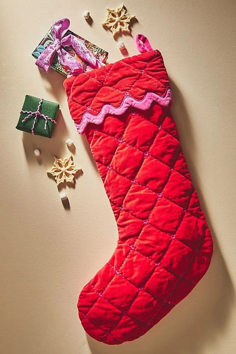 Anthropologie’s Holiday Decor For 2023 - Brit + Co Colourful Christmas Stocking, Anthropologie Holiday Decor, Velvet Christmas Stocking, Stockings Diy, Anthropologie Christmas, Green Stockings, Wool Stockings, Anthropologie Holiday, Tree Inspiration