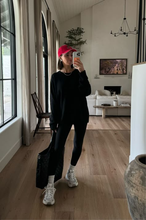 If you're wanting to freshen up your fall wardrobe, I'm a sucker for a cozy casual outfit. This monochrome look is perfect for running errands. Sneakers are always a good idea! Earrings are Eclatant Hat is from Italy sweater is Ethernet but linking a similar red ball cap. Tap to shop this look! Aerie Athleisure, Red Cap Outfit, Fall Leggings Outfit, Red Hat Outfit, Errands Outfit Winter, Casual Sunday Outfit, Ball Cap Outfit, Breakfast Outfit, Workout Outfits Winter