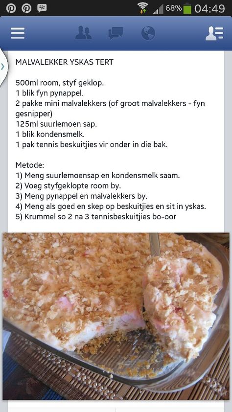 Malvalekker yskastert Yskastert Resep, Condensed Milk Recipes Desserts, Dessert Yogurt, Milk Recipes Dessert, South African Desserts, Strawberry Yoghurt, Easy Tart Recipes, African Dessert, Tarts Recipe