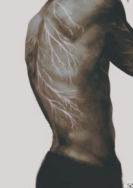 Lighting Strike Scar, Lightning Marks On Skin, Litchenburg Scar, Scarred Man Character Art, Lightning Strike Scar, Struck By Lightning Scar, Lightning Scar Drawing, Lighting Scars, Oc With Scars