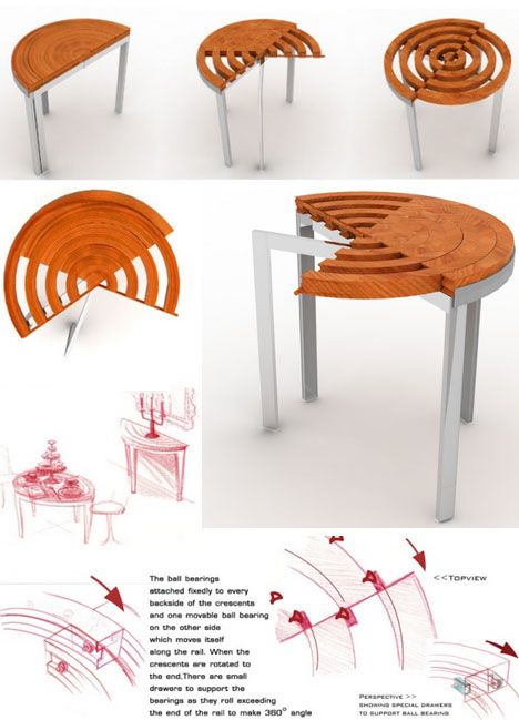 RoTenSion Table: what I really like about this table is that for most of the time it can serve as a half table, up against a wall.  It would be perfect to place your keys, phone etc right inside the door of a Tiny House, but you could pull it out for a full table for dinner with friends. Transforming Furniture, Folding Furniture, Smart Furniture, Metal Tree, Multifunctional Furniture, Functional Furniture, Chair Style, Space Saving Furniture, Cool Chairs