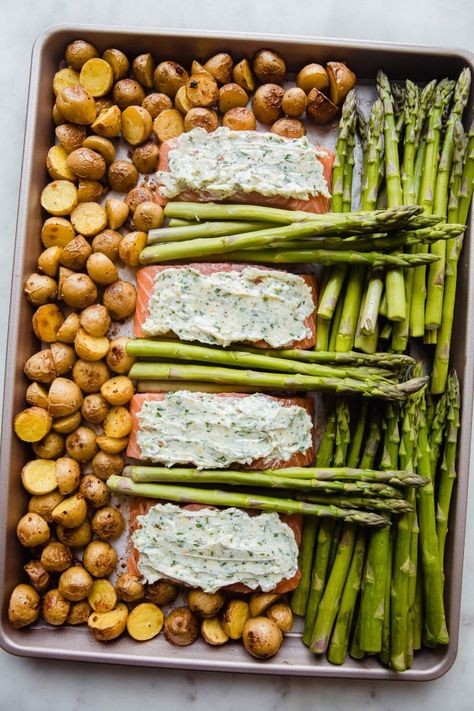 Salmon With Potatoes And Asparagus, Salmon Roasted Potatoes, Spring Seafood Recipes, Salmon Recipes With Asparagus, Salmon Asparagus Potatoes, Spring Supper Ideas, Spring Salmon Recipes, Salmon And Potato Recipes, Asparagus Meals