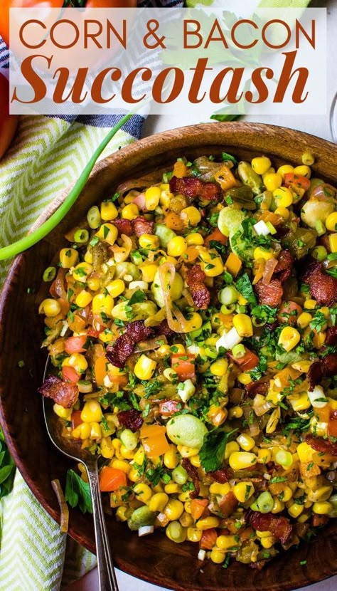 This easy succotash recipe is perfect for jazzing up fall and winter meals. I've taken a traditional, classic succotash and added bacon, tomatoes, green chiles and bell pepper for a kicked up corn sauté that's flavorful and perfect for Thanksgiving or any random Tuesday. #succotashrecipe #bacon Sweet Potato Succotash, Corn Saute Recipe, Paula Deen Succotash, Squash Succotash Recipe, Corn Succotash Cheesecake Factory, Best Succotash Recipe, Suckatash Recipes, Thanksgiving Succotash, Sucatash Recipe Simple