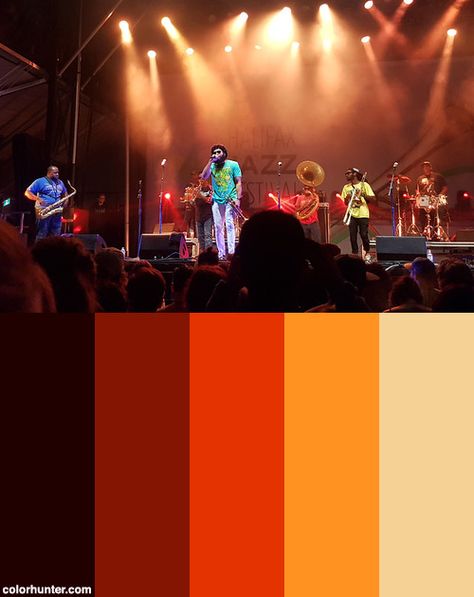 The Soul Rebels - 2018 Halifax Jazz Festival Color Scheme from colorhunter.com Concert Color Palette, Broadway Color Palette, Rock And Roll Color Palette, Music Festival Color Palette, Jazz Fusion Aesthetic, Jazz Color Palette, Jazz Colour Palette, Music Color Palette, Festival Color Palette