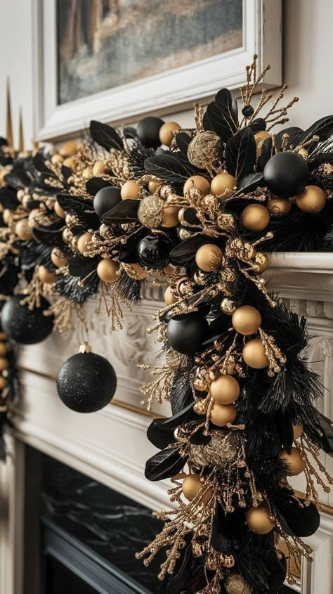 Black Mantel Christmas Decor, Black Gold Christmas Decor, Black White And Gold Christmas, Black And Gold Christmas Decor, Gold Christmas Decor Ideas, Buffalo Check Christmas Decor, Black And Gold Christmas, Black Christmas Decorations, Moody Christmas