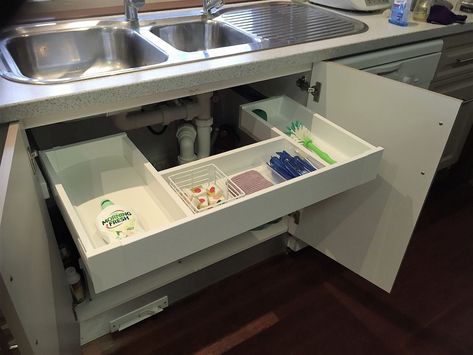 Kitchen Undersink Storage Ideas, Kitchen Bottom Drawers, Sink Drawer, Under The Sink Drawers, Drawers Under Bathroom Sink, Undersink Storage Kitchen, Undersink Organization Kitchen, Undersink Drawer, Under Sink Drawers