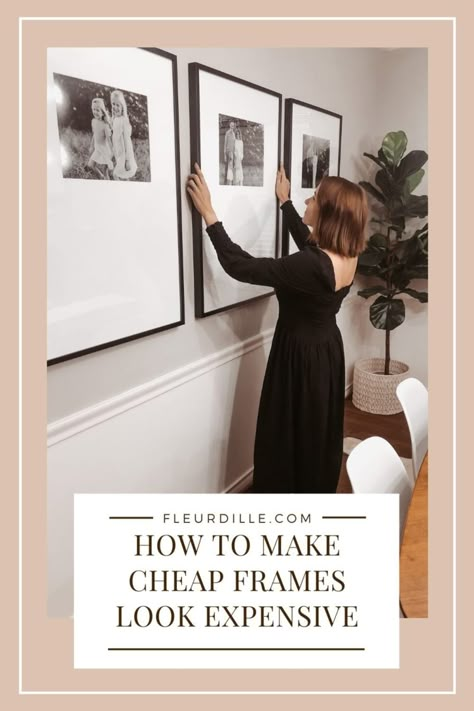 how to make cheap frames look expensive | Fleurdille Frames For Artwork Ideas, Hallway Photo Frames, Picture Frames On The Wall Dining Room, Large Print For Living Room, Bedroom Ideas Frames Wall Art, How To Make Your House Look Expensive For Cheap, Black Framed Pictures On Wall, Black Photo Frames Living Room, Floor To Ceiling Picture Frames