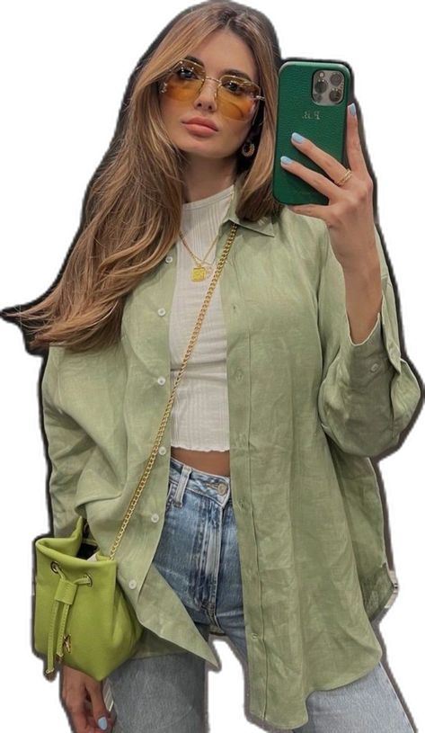 Old Money Summer Outfits Modest, Colored Button Up Shirt Outfit, August Outfits 2024, Light Green Button Up Outfit, Green Aesthetic Outfit Girl, Green Linen Shirt Outfit Women, Outfit With Green Shirt, Cute Green Outfits Aesthetic, Light Green Shirt Outfit