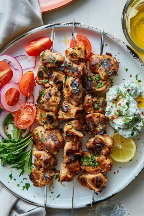 Gluten-Free Greek Souvlaki Greek Souvlaki Platter, Souvlaki Greek, Greek Souvlaki, Greek Style Chicken, Slow Cooker Pasta Recipes, Greek Dinners, Tzatziki Recipes, Chicken Souvlaki, Homemade Tzatziki