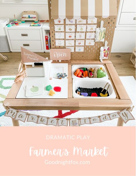 Farmers Market Sensory Bin, Farmers Market Preschool, Farmers Market Dramatic Play, Market Dramatic Play, Rabbit Tea Party, Ikea Flisat Table, Play Preschool, Toddler Play Ideas, Preschool Homeschooling