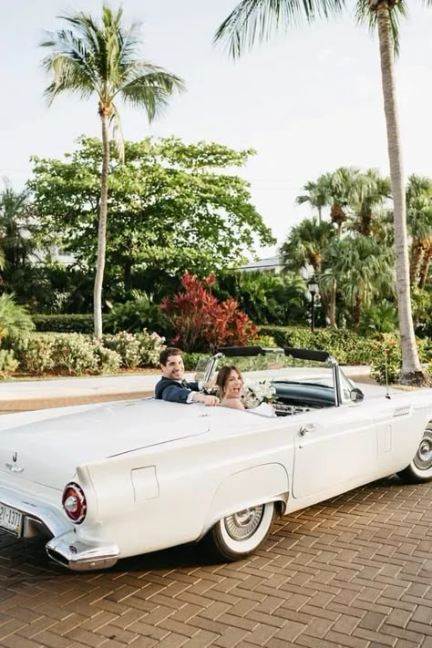 Vintage Getaway Car, Ceremony Exit, Wedding Getaway Car, Wedding Getaway, Elegant Backyard Wedding, Elegant Backyard, Vintage Car Wedding, Tropical Backyard, January Wedding