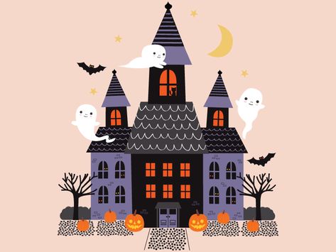 Haunted house halloween dribbble Haunted House Graphic, Cute Haunted House Drawing, Halloween House Illustration, Haunted House Doodle, Halloween House Painting, Halloween Illust, Halloween House Drawing, Halloween Illustration Cute, Haunted House Illustration