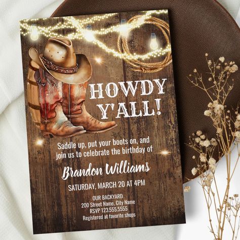 Rustic Boots and Hat Birthday Party Country Invitation  Zazzle Country Party Invitations, Cowboy Party Invitations, Hat Birthday Party, Western Invitations, Cowboy Invitations, Country Invitations, Rustic Boots, Hello Party, Birthday Lights