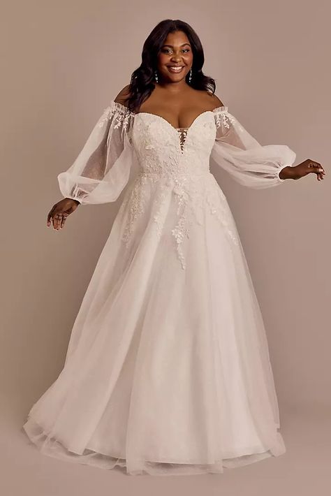 Plunge Neckline Billow Sleeve Wedding Dress | David's Bridal Fat Bride, Melissa Sweet, Davids Bridal Wedding Dresses, Sleeve Wedding Dress, Chapel Train, Plunge Neckline, Book An Appointment, Bridal Wedding Dresses, Davids Bridal