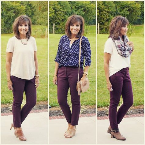 Styling these plum skinny pants from LOFT on the blog today. #onepantstyledthreeways For outfit details go to @graceandbeautystyle then click link in profile. What To Wear With Burgundy Pants, Plum Pants Outfit, Burgundy Pants Outfit, Wine Colored Pants, Purple Pants Outfit, Maroon Pants Outfit, Joggers Outfit Women, Plum Pants, Wine Pants