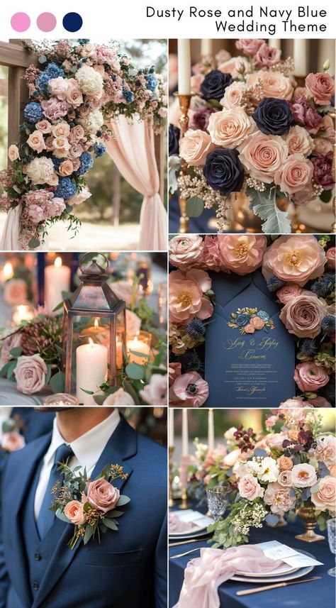 Dusty rose and navy blue wedding theme ideas for a modern, elegant style. Blue Wedding Theme Ideas, Dusty Rose Wedding Theme, Beauty And The Beast Wedding Invitations, Navy Wedding Theme, Navy Blue Wedding Theme, Blue Wedding Theme, Rose Wedding Theme, Unique Wedding Colors, Wedding Theme Ideas