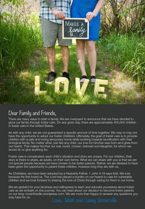 Our foster care announcements-- Love in the Ville Blog Fostering Announcement, Foster Announcement, Adoption Photo Shoot, Adoption Announcement Ideas, Foster Care Announcement, Gods Plans, Adoption Announcements, Adoption Ideas, Baby Adoption