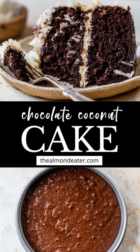 Coconut Ferrero Rocher Cake, Dark Chocolate Coconut Cake, Vegan Chocolate Coconut Cake, Cake Recipes Coconut, Cocunut Cake, 8x8 Cake Recipe, Chocolate Cake Coconut, Chocolate Coconut Cake, Vegan Coconut Cake