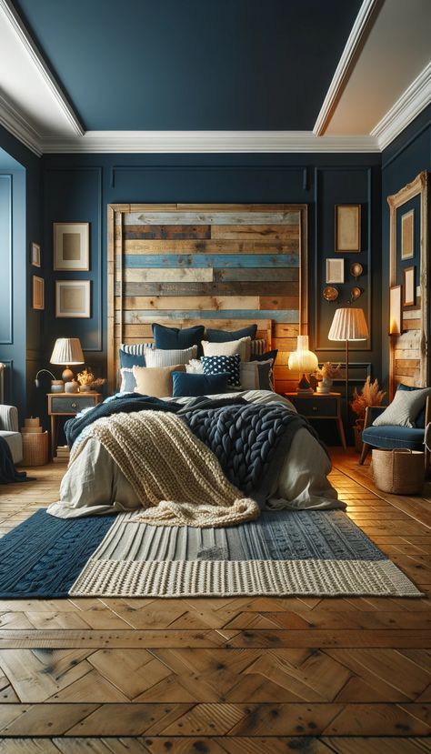 21 Navy Blue Bedroom Ideas to Transform Your Space: From Modern to Rustic 🌙✨ - Laugh Lore Midnight Blue Bedroom Ideas Accent Wall, What Color Goes With Navy Blue Accent Wall, Navy Blue Bedroom With Dark Wood Furniture, Blue And Brown Master Bedrooms Decor, Dreamy Blue Bedroom, Dark Academia Guest Bedroom, Navy Blue Bedroom With Wood Accent Wall, Blue And Copper Bedroom, Blue Luxury Bedroom