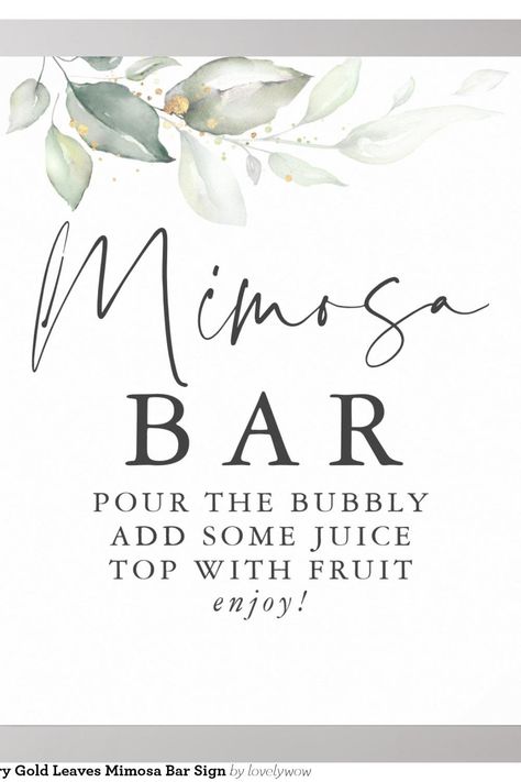 Watercolor Greenery Gold Leaves Mimosa Bar Sign Mimosa Bar Wedding, Shower Eucalyptus, Wedding Shower Signs, Mimosa Bar Sign, Watercolor Greenery, Mimosa Bar, Bridal Shower Brunch, Bridal Shower Welcome Sign, Eucalyptus Wedding