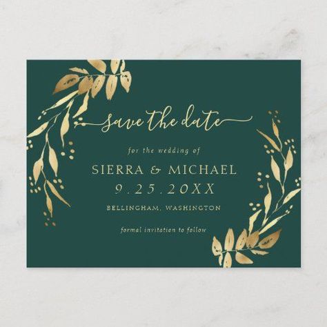 $1.95 | Elegant Emerald Green Golden Foliage Save the Date #save the date, wedding, modern, elegant, gold, emerald green, chic, foliage, greenery, trendy Wedding Modern Elegant, Emerald Green Wedding Theme, Safe The Date, Online Invitation Card, Gold Save The Dates, Wedding Invitation Trends, Postcard Wedding Invitation, Green Themed Wedding, Emerald Green Weddings