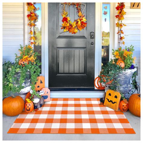 PRICES MAY VARY. 【THICKER & HEAVIER】KILOCOCO Halloween doormat is made of high-quality cotton that is soft and comfortable to touch. 20% thicker and heavier than other commonly available buffalo plaid rug. Made to the highest standards, environmental protection fabric, hand-woven, no loosing or rolled edge, not fade, thick and built to last for a long time. 【PERFECT SIZE 】Our fall doormat is perfect for layered door mats. Go pair this porch rug with a hello front door mat to create cute welcomin Buffalo Plaid Rug, Porche Halloween, Door Mat Outdoor, Plaid Area Rug, Plaid Rug, Fall Doormat, Halloween Front Porch Decor, Farmhouse Entryway, Porch Rug