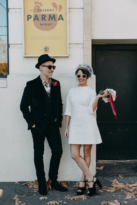 Relaxed meets Retro Pub Wedding with Masses of Florals · Rock n Roll Bride Retro Pub, Retro Wedding Theme, Pub Wedding, Edgy Wedding, Rock N Roll Wedding, Informal Dress, Retro Bride, Wedding Cocktail Party, Informal Weddings