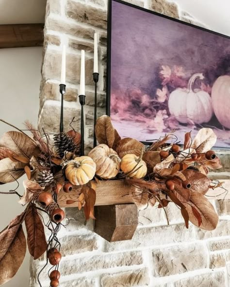 Fall Swags For Mantle, Thanksgiving Mantle Decorating Ideas, Thanksgiving Mantle Ideas, Fall Fireplace Decor Mantles With Tv, Fall Mantels Mantles Decor, Fall Mantles Ideas, Fall Mantle Garland, Autumn Mantel Decor, Fall Mantle Decor With Tv