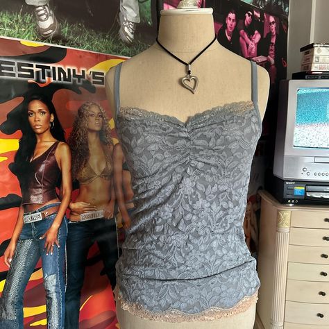 Y2K Lace Cami Tank Grey lace tank top with cream... - Depop Y2k Tank Top, Ombre Lace, Grey Lace, Dr Closet, Clothing Pieces, Lace Cami, Cream Lace, Soft Grunge, Lace Tank Top