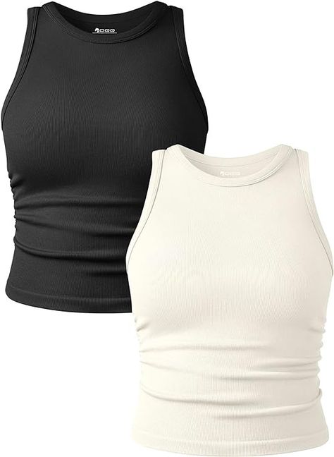 OQQ Women's 2 Piece Tank Tops Crew Neck Sleeveless Basic Stretch Casusal Yoga Crop Camis Black Beige at Amazon Women’s Clothing store Christian Modest Outfits, Lazy Day Outfit, Slim Fit Top, Black Camis, Cropped Cami, Neutral Outfit, Neutral Fashion, Women's Fitness, Amazon Women