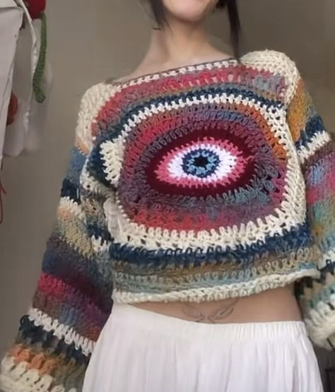 Trippy Crochet Pattern, Evil Eye Crochet Sweater, Crochet Hippie Clothes, Crochet Eye Sweater, Crochet Sweater Green, Trippy Crochet, Fall Sweater Aesthetic, Whimsigoth Crochet, Punk Crochet