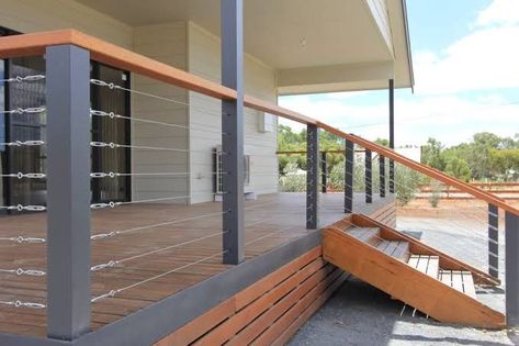 How to install a wire balustrade for patio? Wire Balustrade, Steel Balustrade, Patio Railing, Deck Railing Design, Steel Pergola, Living Fence, Patio Deck Designs, Trex Deck, Metal Railings