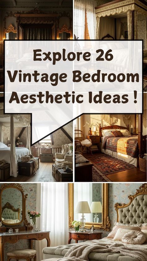 Transform your bedroom into a timeless retreat with these 26 vintage bedroom aesthetic ideas that bring the charm of the past into your space. Whether you love Victorian elegance, rustic farmhouse charm, or romantic shabby chic decor, these ideas will help you create a warm and nostalgic atmosphere. From antique furniture and floral wallpaper to lace curtains and vintage lighting, these bedroom designs are filled with classic details that make your space feel cozy, elegant, and full of history. Get inspired and give your bedroom a beautiful, vintage makeover! Vintage Bedroom Aesthetic, Hollywood Regency Bedroom, Bedroom Aesthetic Ideas, Magical Bedroom, Vintage Makeover, Victorian Elegance, Wrought Iron Bed, Iron Bed Frame, Gold Framed Mirror