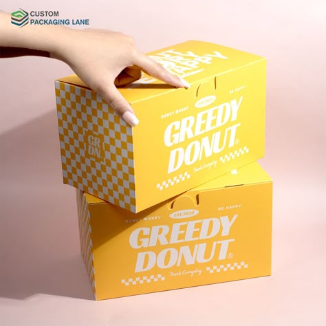 Yellow Food Packaging, Pastry Box Design, Donut Box Design, Donut Packaging Design, Mailer Box Design, Yellow Desserts, Bakery Website, Donut Box, Color Pantone