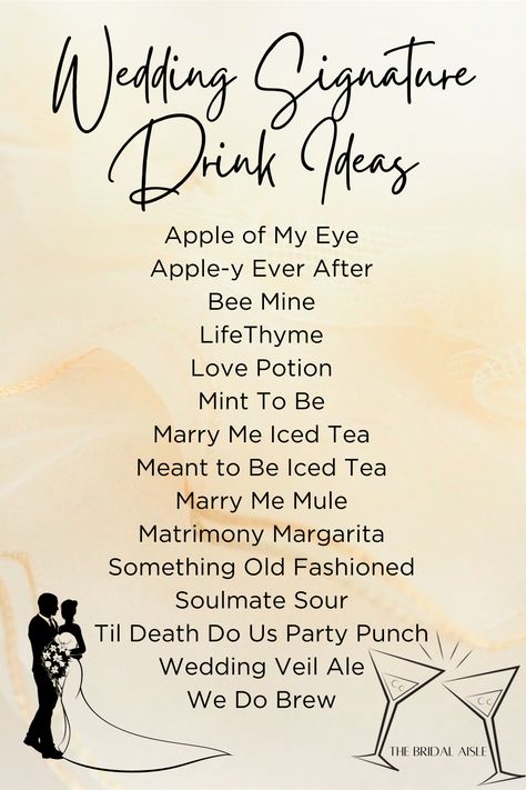 Creating a signature drink and drink name for your wedding can be so fun. Check out these ideas to help you pick the perfect one #wedding #weddingideas #signaturedrinks #signaturedrinknames #signaturecocktails #punysignaturedrinks #lovethemeddrinkideas #weddingblog #bridetobe Wedding Theme Name Ideas, Wedding Drink Names, Signature Drink Names, Wedding Signature Drink Ideas, Signature Drink Ideas, Bookish Wedding, Mobile Bartending, Funny Cocktails, Drink Names