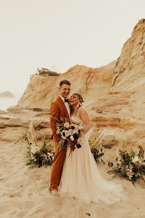 Mustard Suit, California Beach Wedding, Cape Kiwanda, Outfit Yellow, West Coast Wedding, Boho Elopement, Couple Wedding Dress, San Luis Obispo Wedding, Pacific City