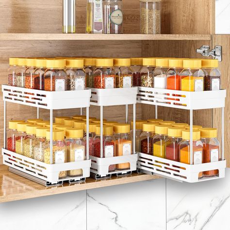 PRICES MAY VARY. [Perfect Cabinet Spice Organizer Solution] - 3 pcs pull out spice rack organizer for cabinet is the perfect solution to organize your cabinet. Slide out spice rack organizers size 4.33''W x 10.40''D x 8.50''H(cabinet needs at least 12'' high), which are great for utilizing tight spaces & narrow cabinets. As a must-have for spice storage, they can hold the various size & different shapes of spices. Pull out the spcie rack, find the seasoning you want. Each tier can hold 10 small Small Cupboard Spice Storage, Large Spice Storage, Organize Spices In Cabinet, Organize Spice Cabinet, Spice Organization Cabinet, Spice Organization Small Space, Spice Cupboard Organization, Spice Rack Cabinet Pull Out, Cabinet Spice Storage