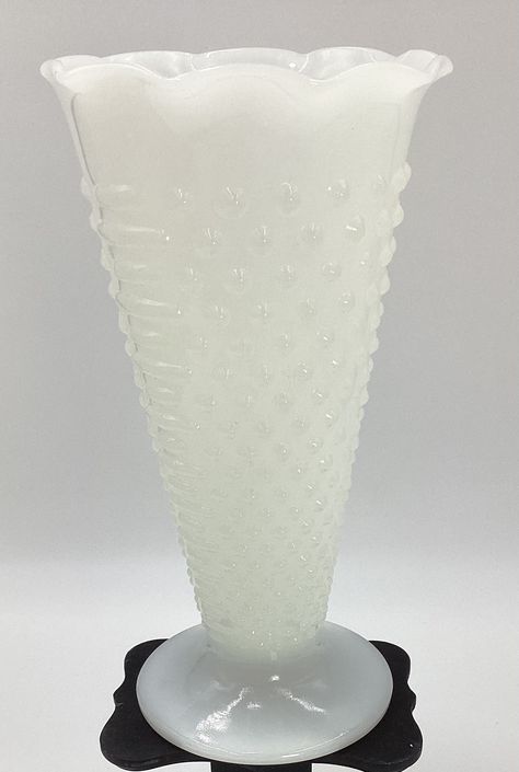 "Beautiful RARE Vintage Anchor Hocking White Milk Glass Hobnail Trumpet Style Vase, Scalloped Edge, Fluted Shaped Rim, Ruffled, Would Make A Lovely Table Centerpiece, Housewarming/Mother's Day Gift, Home/Table Decor, Great Addition To Your Own Vintage Decor, Collectible Vintage. Measures 9 1/2\" Tall & Width Is  4 3/4\" This Item Is In Excellent Vintage Condition.  Please, look at the pictures as part of our description. Also, Please keep in mind these are vintage and have been used before, for Milk Glass Centerpiece, Vintage Dishes Antiques, Milk Glass Decor, White Things, Vintage Glassware Antiques, Glass Wear, Home Table Decor, Mccoy Pottery, Treasure Hunting