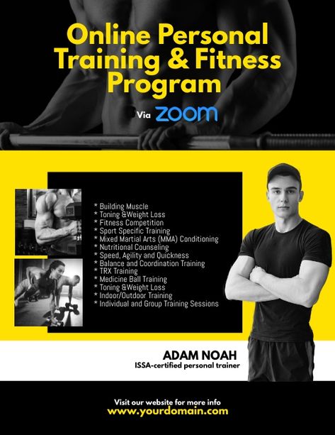 Personal Trainer Advertising, Online Training Flyer Design, Trainer Template, Gym Personal Trainer, Fitness Poster, Flyer Inspiration, Trx Training, Fitness Flyer, Online Personal Trainer