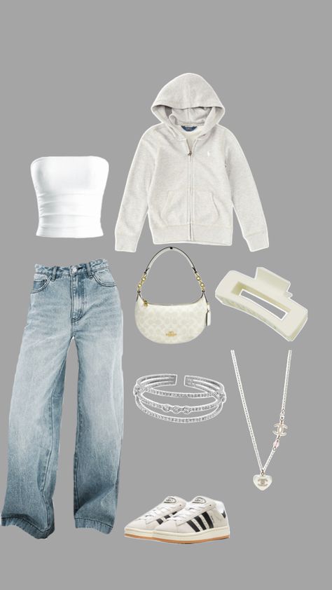 this outfit contains- a white tube top, white raphl lauren zip up hoodie, baggy jeans, coach handbag, sliver stack bracelet, chanel necklace, claw clip and adidas campus 00s. Outfits With White Tube Top, White Zip Up Hoodie Outfit, White Tube Top Outfit, Cute Easy Outfits For School, Adidas Zip Up Hoodie, Tube Top Outfits, Baggy Jeans Outfit, White Tube Top, Adidas Campus 00s