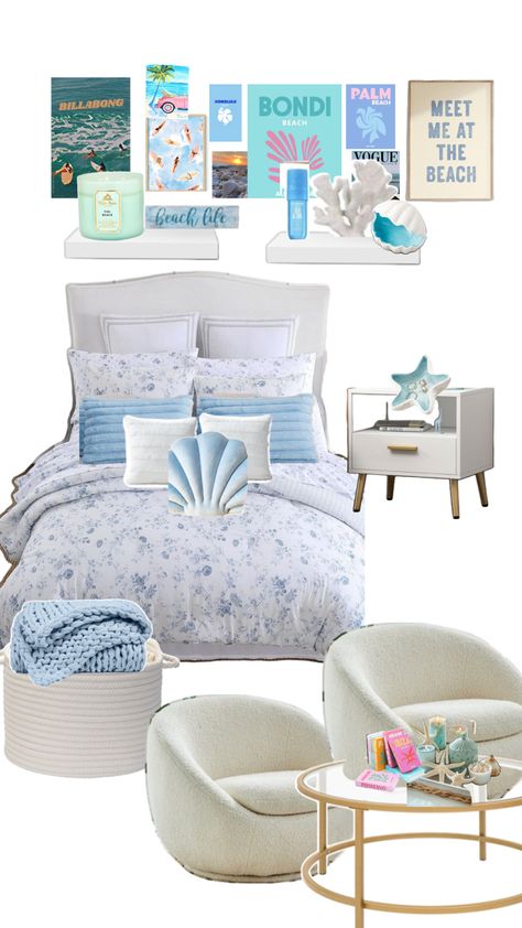 Very chill beach and cute Cute Ocean Themed Bedrooms, Beach Room Theme, Zara Bedroom, Teen Beach Room, Blue Teen Girl Bedroom, Baby Blue Bedrooms, Ocean Room Decor, Beachy Room Decor, Ocean Themed Bedroom