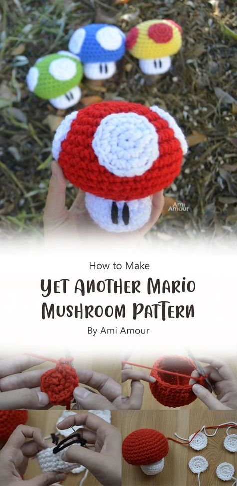 Make your very own Mario character mushrooms with this crochet pattern! Perfect for decorating your home, making a mushroom garden, or using as amigurumi. Whatever you do with them is up to you. Mushroom Ideas, Crochet Mario, Mario Hat, Mushroom Garden, Mushroom Pattern, Crochet Mushroom, Pattern Ideas, Mario Mushroom, Crochet Dolls