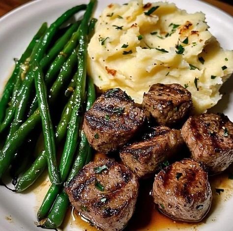 Mediterranean Kitchen Recipes | Garlic Butter Steak Bites with Mashed Potatoes and Green Beans 🥩🧄 | Facebook Steak Bites And Potatoes, Mashed Potatoes And Green Beans, Garlic Butter Steak Bites, Butter Steak Bites, Potatoes And Green Beans, Butter Steak, Mediterranean Kitchen, Garlic Butter Steak, With Mashed Potatoes