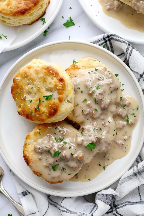 Southern-style biscuits and gravy is such a treat! The savory, creamy sausage gravy is poured over tender biscuits for a breakfast to remember. What To Serve With Biscuits, Easy Biscuits And Gravy, Biscuits And Gravy Recipe, Homemade Gravy For Biscuits, Easy Biscuits, Healthy Biscuits, Breakfast Spread, Southern Breakfast, Biscuit Sandwich