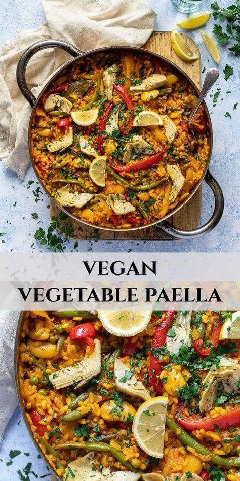 Vegan vegetable paella - This easy paella is packed with vegetables and is full of flavour. It is an easy, one-pan meal that looks impressive but is simple to make, hearty and delicious! Vegetarian Paella Spanish, Spanish Vegetarian Recipes, Rice And Tomato Sauce, Veggie Paella, Vegan Paella, Vegetable Paella, Vegetable Dinner, Vegetarian Paella, Easy Paella