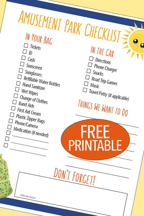 Love this free printable amusement park checklist! Everything you need to get organized for a day at the park - packing lists for your bag, your car, and a must do list for when you are there. Perfect for all your summer day trips! (Sponsored by Cedar Fair) Amusement Park Essentials, Theme Park Essentials, Travel Potty, Newborn Sleep Schedule, Day At The Park, Family Fun Day, Road Trip Games, Packing Lists, Cedar Point