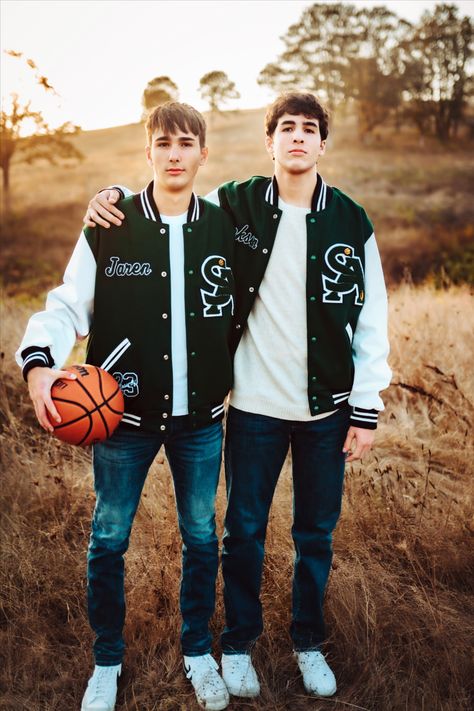 Twin senior boys from Salem, OR Twin Brother Photoshoot, Twin Senior Pictures Guys, Brother Picture Ideas, Twin Boy Senior Picture Ideas, Group Senior Pictures, Letterman Jacket Pictures, Twin Senior Pictures, Brother Pictures, Senior Photos Boys